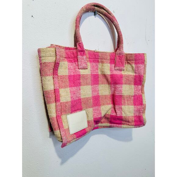 SANDRO Women's Beige Pink Rose Gingham Checkered Tote Bag - Picture 5 of 16